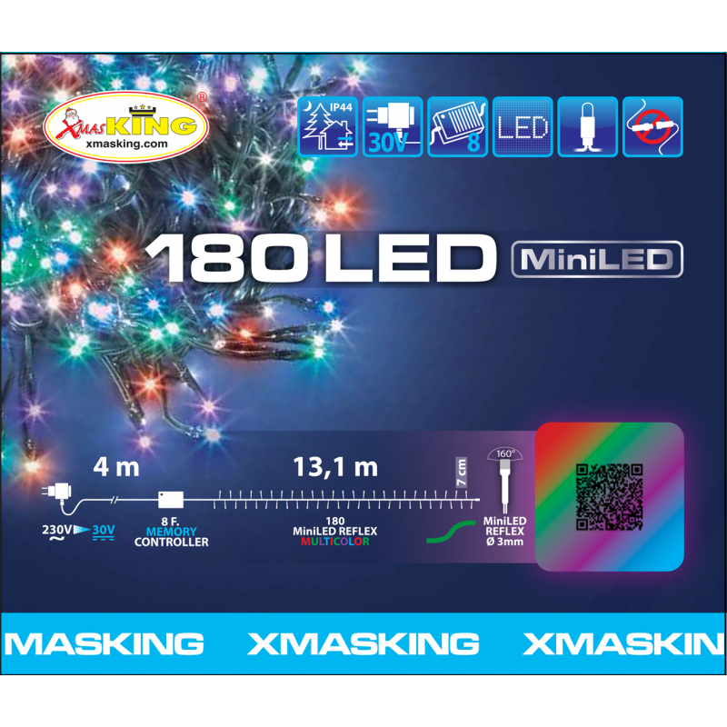 Xmasking Catena Tlg 180 Miniled Multicolor 3mm Controller 8g Timer Trasformatore Esterno Cavo Verde 4+13,1m