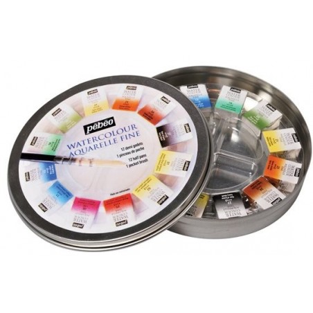 Scatola Tonda In Metallo 12  1/2 Godets Acquarello Fine  + Pennello