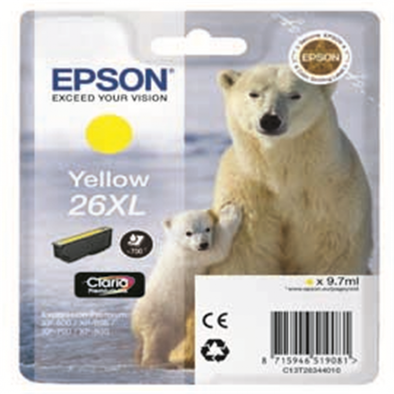 Epson Yellow Cartridge Claria Premium, 26xl Series-Polar Bear In A Blister-Ref. C13t26344010