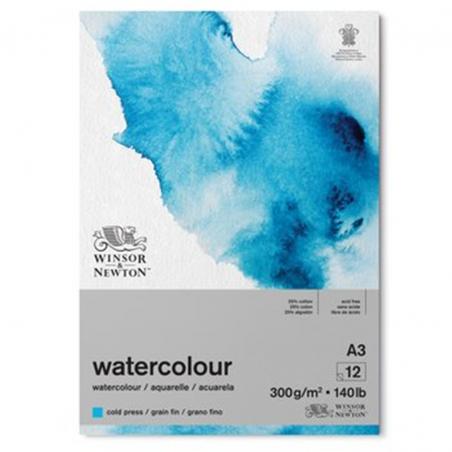 Blocco Acquerello 29,7x42 (a3) Cm Collato 1 Lato 12 Fogli  Gr300 Grana Fina 25% Cotone
