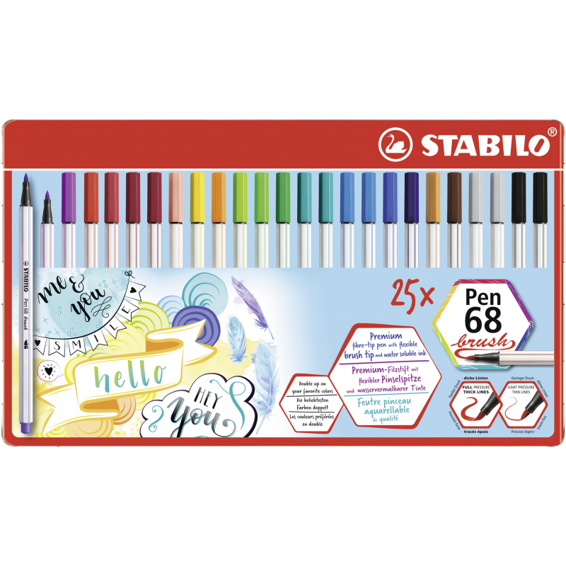 Pennarello Premium con punta a pennello - STABILO Pen 68 brush - Scatola in metallo da 25 - con 19 colori assortiti