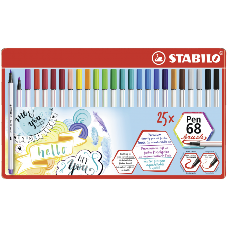 Pennarello Premium con punta a pennello - STABILO Pen 68 brush - Scatola in metallo da 25  - con 19 colori assortiti