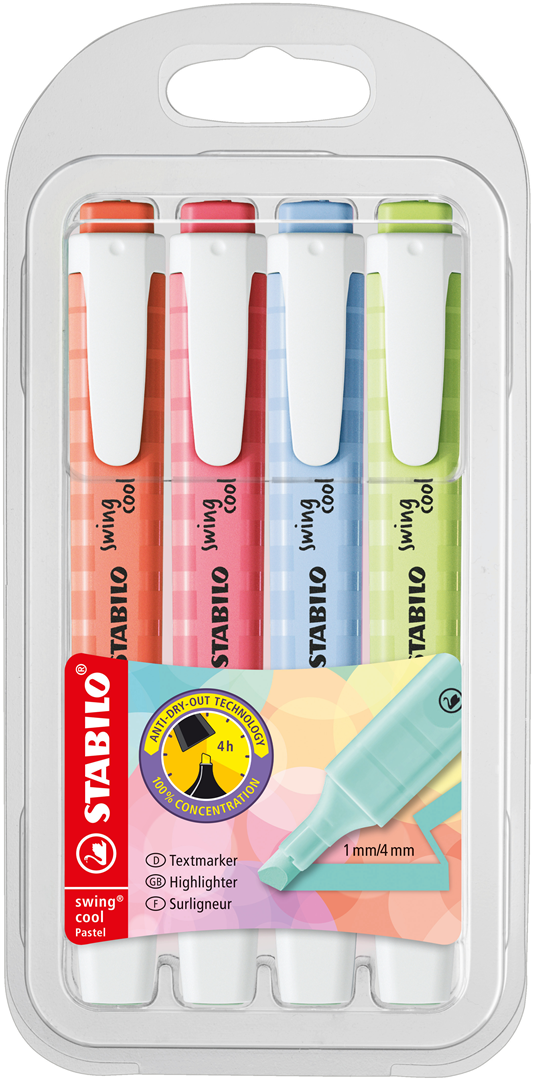 EVIDENZIATORE - STABILO SWING COOL PASTEL - ASTUCCIO DA 4 - ROSSO CORALLO, FIOR DI CILIEGIO, AZZURRO NUVOLA, LIME — immagine 2