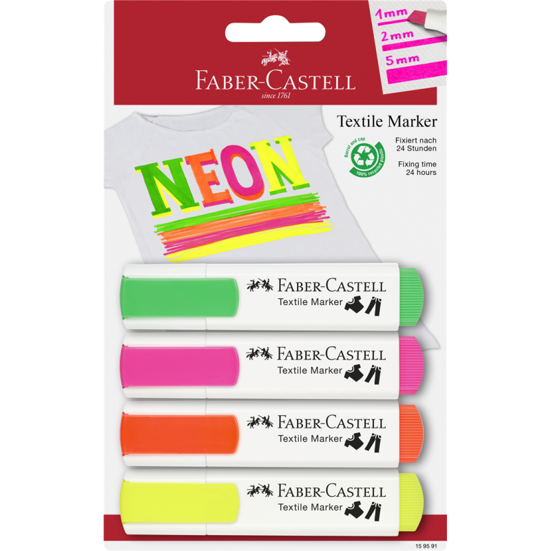 Faber Castell Blister Textile Marker Per Tessuto Pz 4 Neon Giallo Arancione Rosa Verde