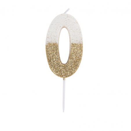 Candelina Torta Numero Glitter Bianco Oro 7cm 0