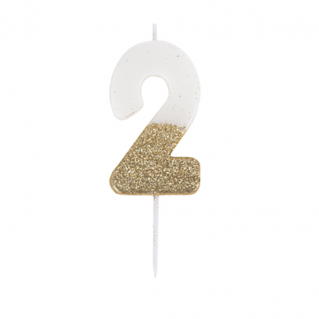 Candelina Torta Numero Glitter Bianco Oro 7cm 2