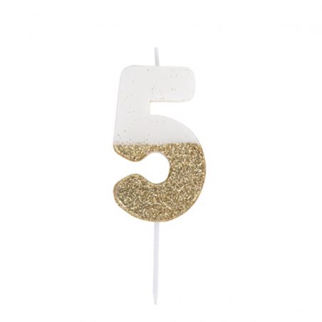 Candelina Torta Numero Glitter Bianco Oro 7cm 5