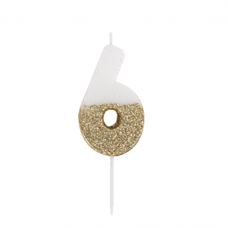Candelina Torta Numero Glitter Bianco Oro 7cm 6