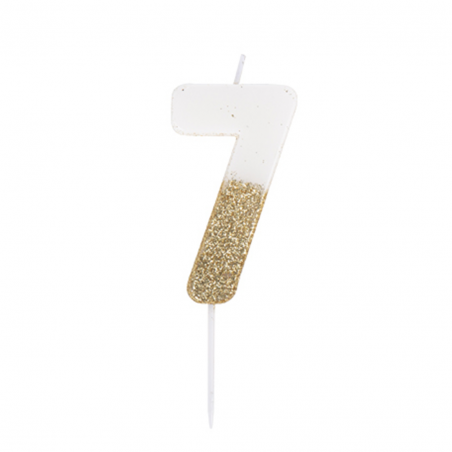 Candelina Torta Numero Glitter Bianco Oro 7cm 7
