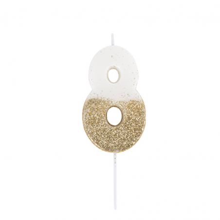 Candelina Torta Numero Glitter Bianco Oro 7cm 8