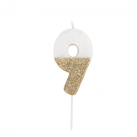 Candelina Torta Numero Glitter Bianco Oro 7cm 9
