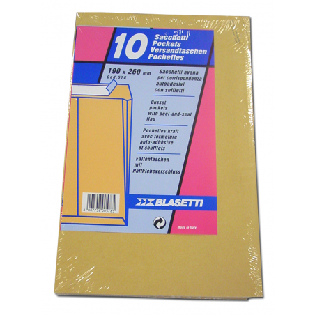 Busta Sacco 19x26 Cm Gr. 100 Pz. 10 Con Strip Carta Kraft Avana Soffietti Fondo Preformato | Blasetti