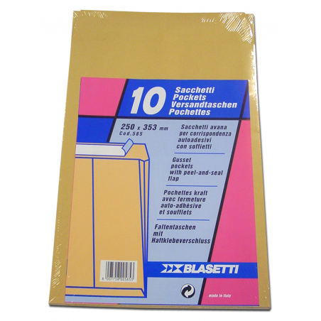 Busta Sacco 25x35 Cm Gr. 100 Pz. 10 Con Strip Carta Kraft Avana Soffietti Fondo Preformato | Blasetti