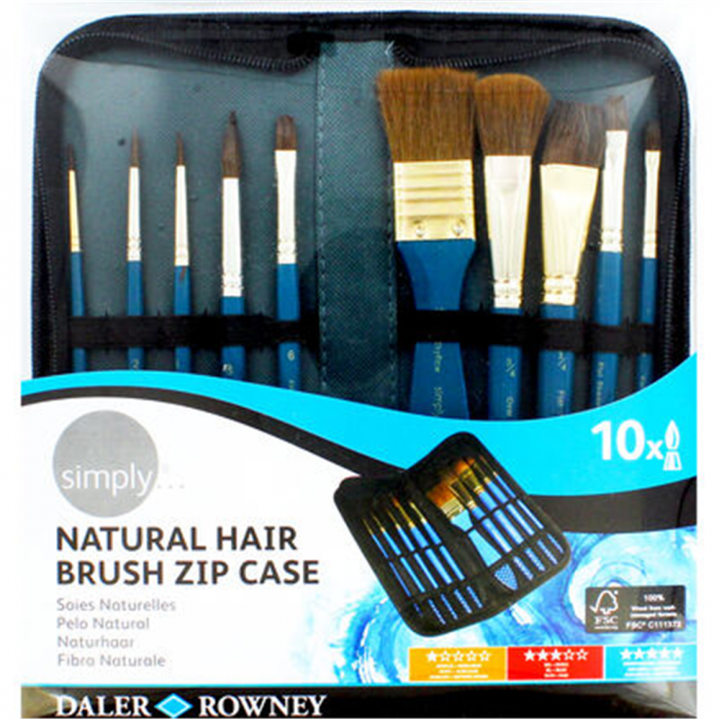 Astuccio Con Cerniera Con 10 Pennelli Natural Hair Per Acquerello Manico Corto | Daler Rowney