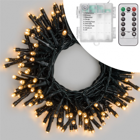 Catena 180 Led Telecomando 15f 0,5+7,2m Bianco Caldo-Controller-Esterno Cavo Verde