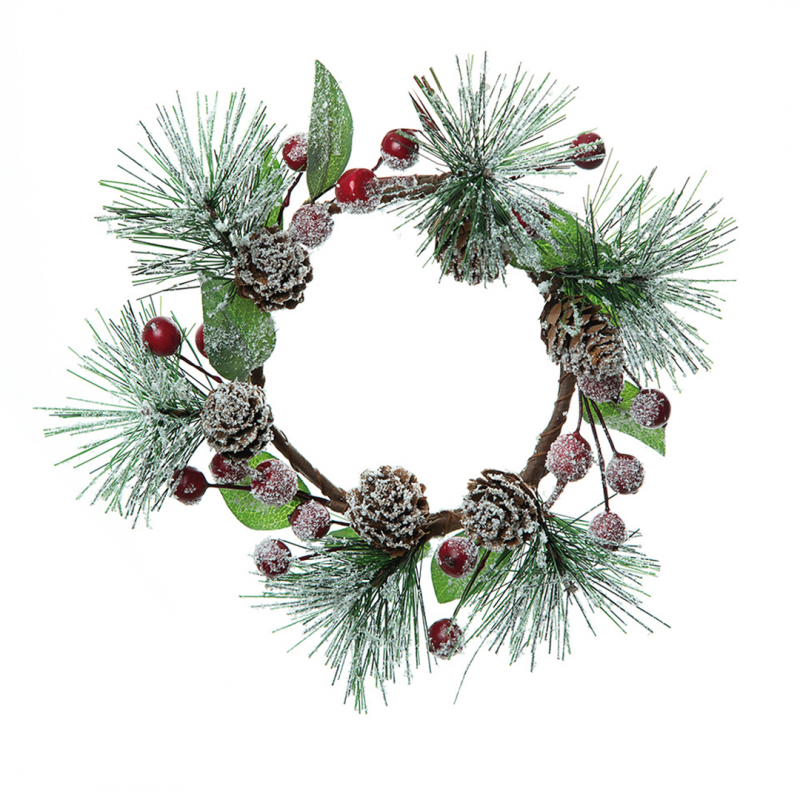 Pine Branch Candle Holder D. 20 Cm Berries And Red Snowy Pine Cones | Selezione Vertecchi