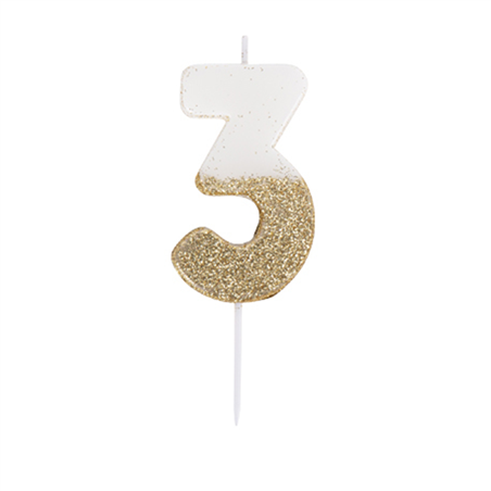 Candelina Torta Numero Glitter Bianco Oro 7cm 3
