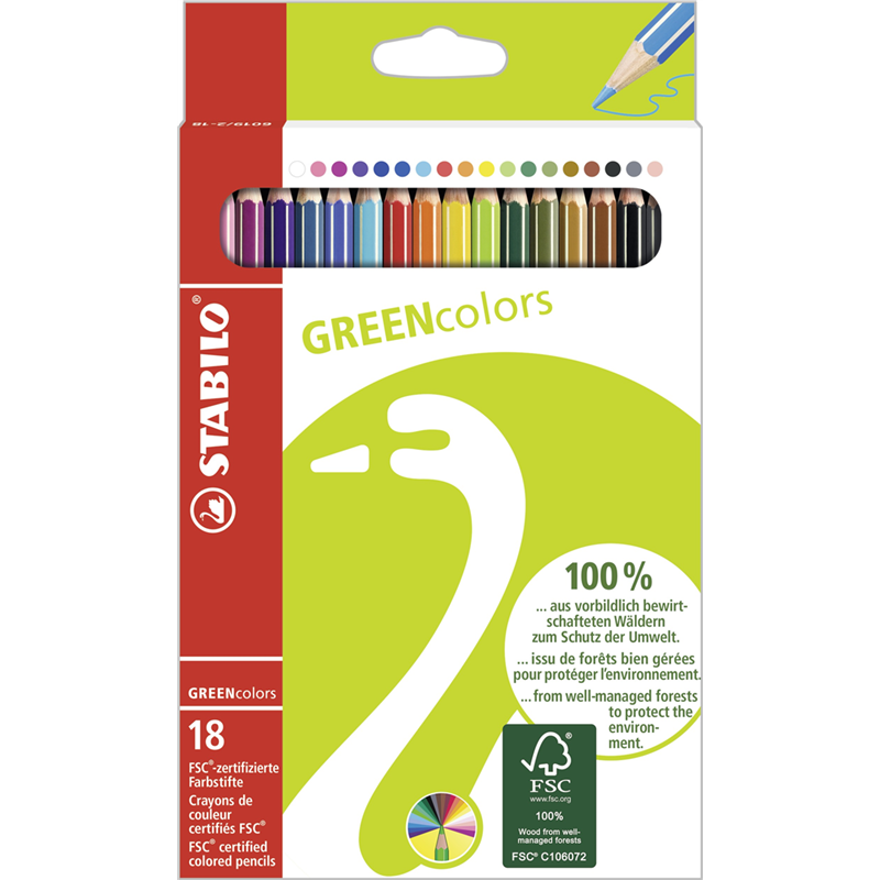 eco-friendly colored pencil - stabilo greencolors - box of 18 - assorted colors