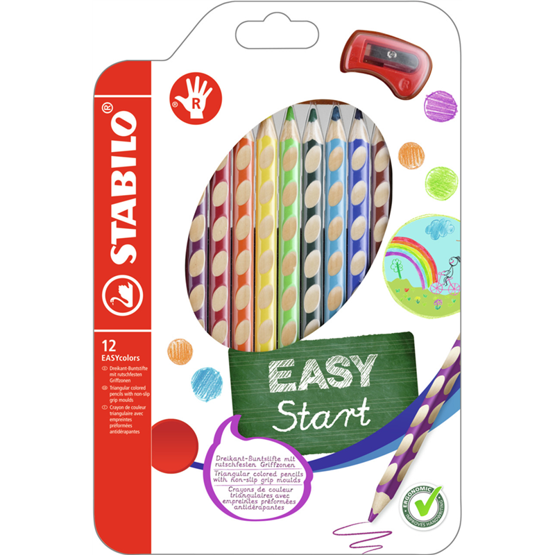 ergonomic colored pencil - stabilo easycolors - for right-handers - box of 12 - assorted colors