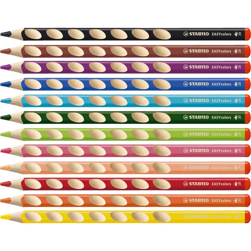ergonomic colored pencil - stabilo easycolors - for right-handers - box of 12 - assorted colors