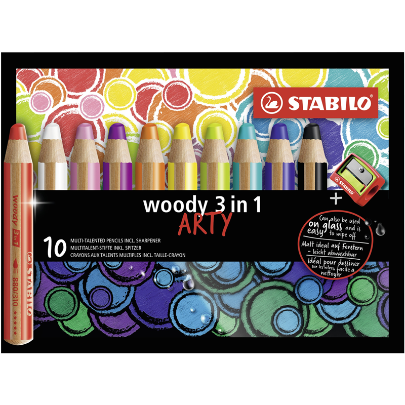 multi-function colored pencil - stabilo woody 3 in 1 - arty - box of 10 - with sharpener - assorted colors