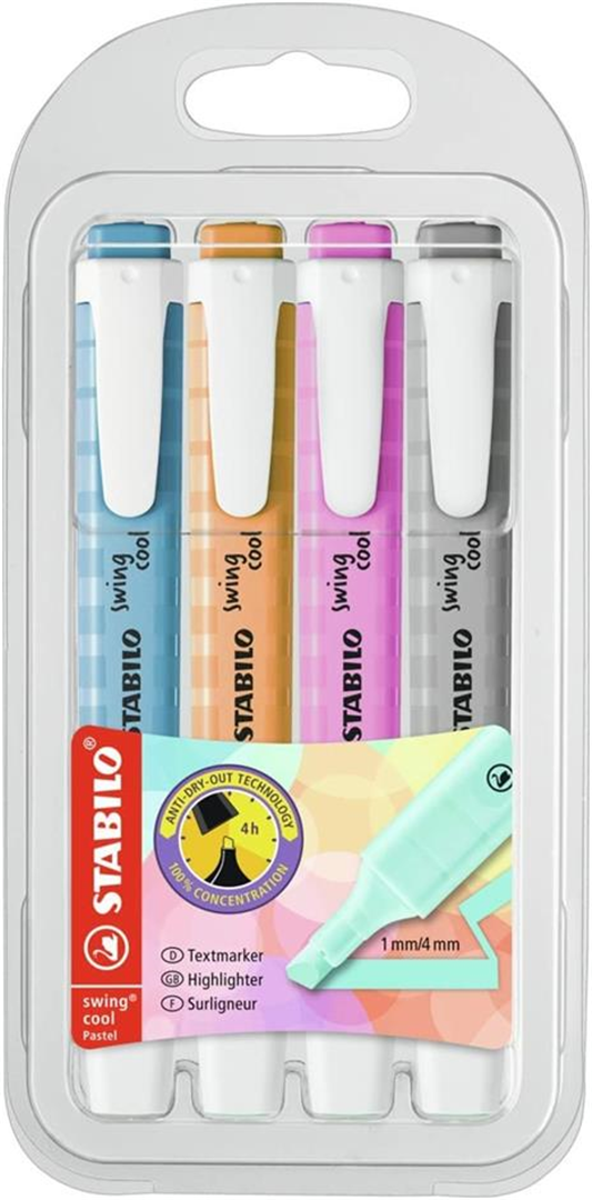 EVIDENZIATORE - STABILO SWING COOL PASTEL - ASTUCCIO DA 4 - GRIGIO POLVERE/FUCSIA FREDDO/AZZURRO CIELO/ARANCIONE PAPAYA — immagine 3