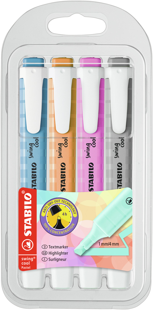 EVIDENZIATORE - STABILO SWING COOL PASTEL - ASTUCCIO DA 4 - GRIGIO POLVERE/FUCSIA FREDDO/AZZURRO CIELO/ARANCIONE PAPAYA — immagine 4