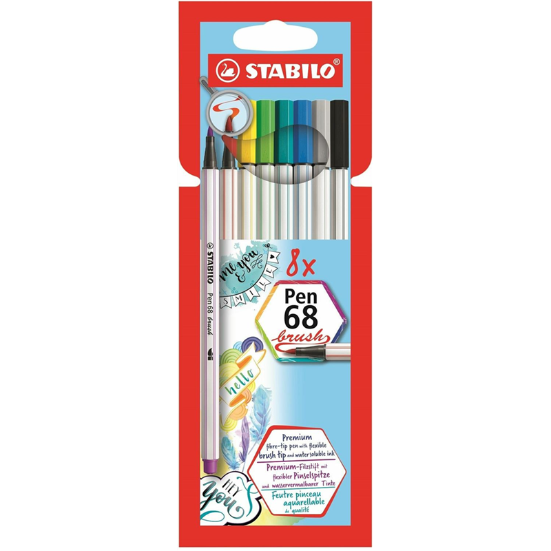 PREMIUM MARKER WITH BRUSH TIP - STABILO PEN 68 BRUSH - CASE OF 8 - WITH 8 ASSORTED COLORS