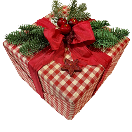 Ornamento Pacco Dono Quadretti 26x27x20cm Rosso Bianco Con Cannella E Arancio