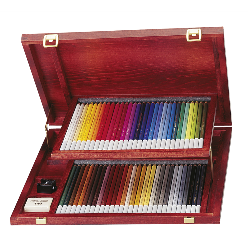 PREMIUM COLORED PENCIL - STABILO CARBOTHELLO - FOLDING WOODEN BOX WITH DOUBLE SHELF - 60 ASSORTED COLORS + ACCESSORIES