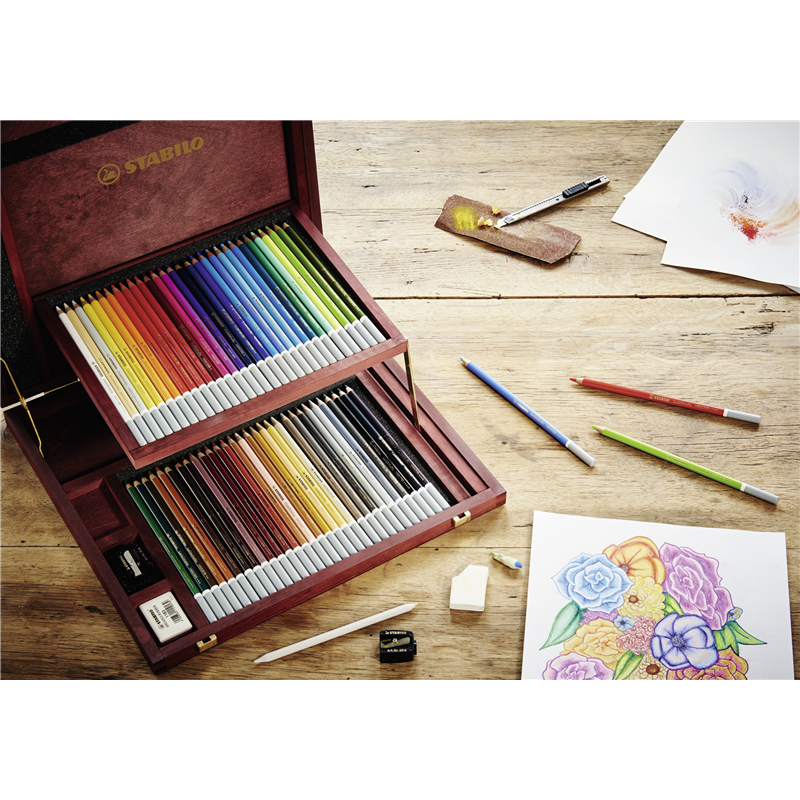 PREMIUM COLORED PENCIL - STABILO CARBOTHELLO - FOLDING WOODEN BOX WITH DOUBLE SHELF - 60 ASSORTED COLORS + ACCESSORIES