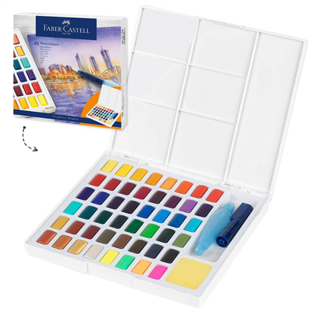 Astuccio 48 Acquerelli In Pastiglia + Pennello Waterbrush E Tavolozza Staccabile