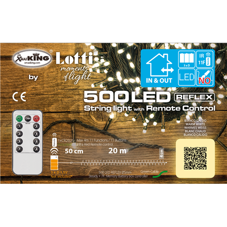 Catena 500led 3d Telecomando 20mt Batteria Luce Bianca Calda-Esterno