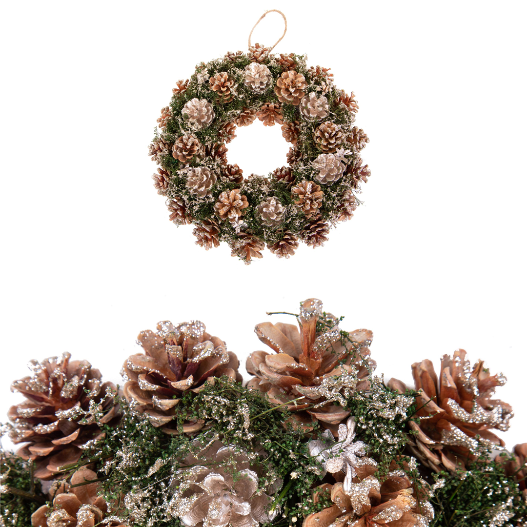 Corona D36cm Pino Verde Pigne Oro Glitter