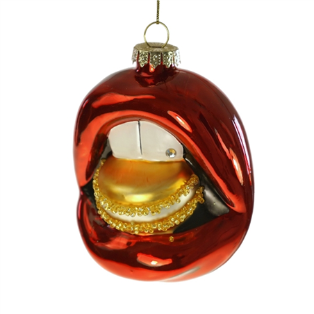 Ornamento Vetro Labbra Con Macaron 9cm Rosso -Arancio