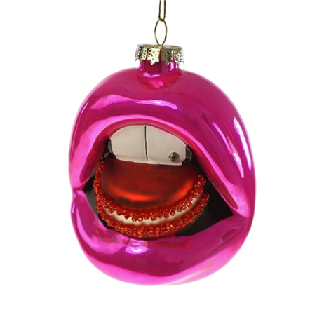 Ornamento Vetro Labbra Con Macaron 9cm Rosa-Rosso