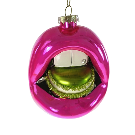 Ornamento Vetro Labbra Con Macaron 9cm Rosa-Verde