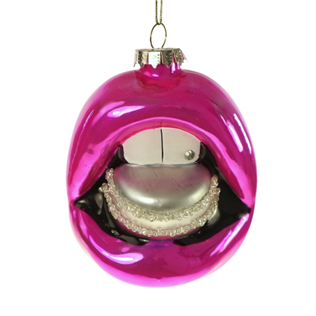 Ornamento Vetro Labbra Con Macaron 9cm Rosa-Argento