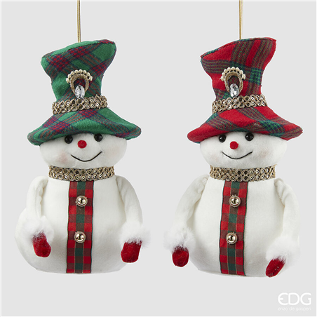 Ornamento Tessuto Omino Neve Scozzese H25cm Rosso Verde