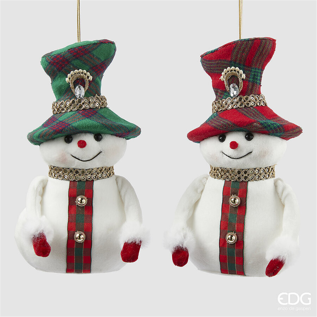 Ornamento Tessuto Omino Neve Scozzese H25cm Rosso Verde