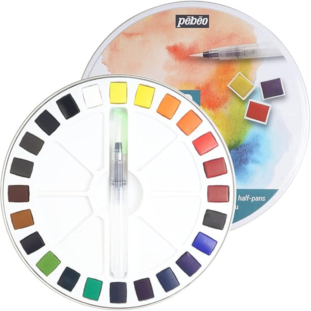 Scatola Tonda In Metallo 24  1/2 Godets Acquarello Fine  + Pennello — immagine 2