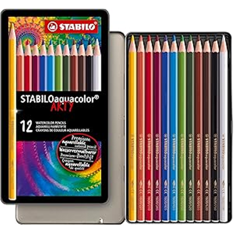 WATERCOLOR COLORED PENCIL - STABILOAQUACOLOR - METAL BOX OF 12 - ASSORTED COLORS