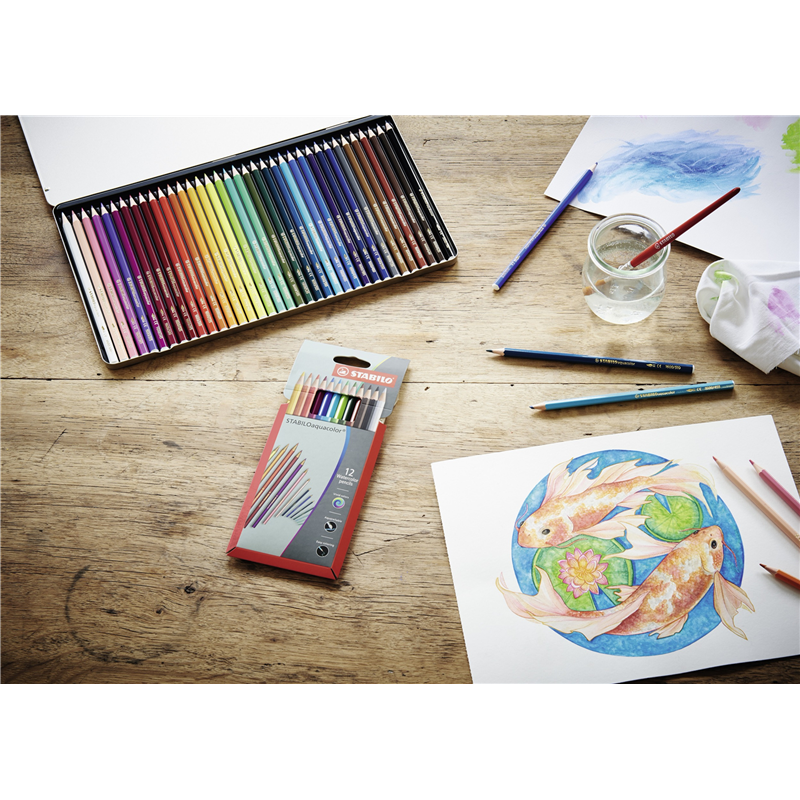 WATERCOLOR COLORED PENCIL - STABILOAQUACOLOR - METAL BOX OF 12 - ASSORTED COLORS