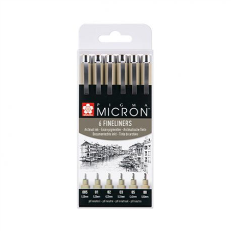 Set 6 Fineliner Pigma Micron Neri Assortiti Punta 005, 01, 02, 03, 05, 08