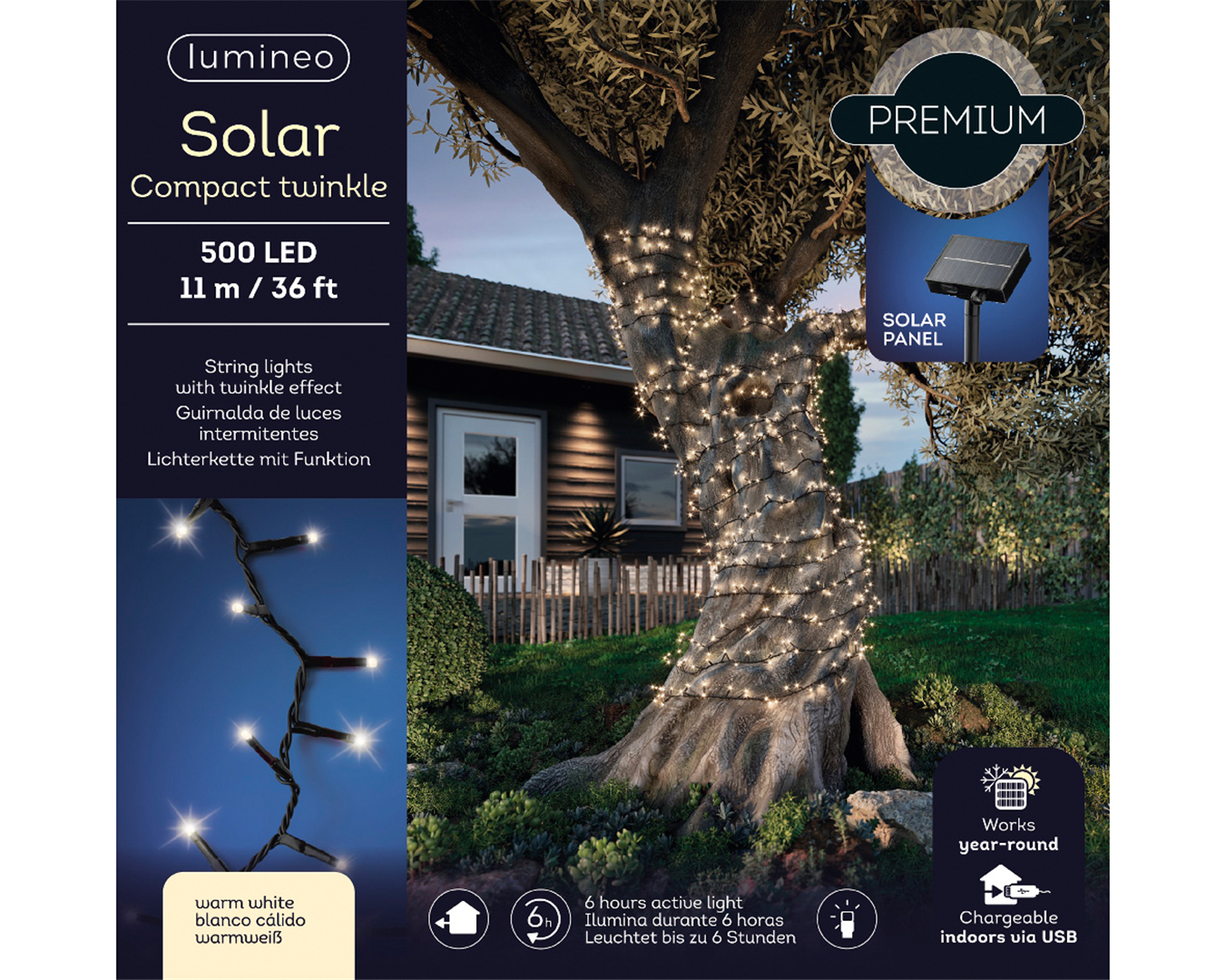 Filo 500led 11mt Solare Durata 6 Ore Filo Nero-Luce Bianca Calda-Da Esterno — immagine 3