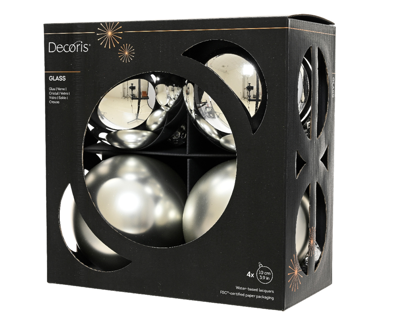 Sfera Vetro D10cm 4pz Mix Argento Opaco E Lucido
