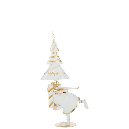 Babbo Natale Metallo Con Albero H66cm Bianco Oro