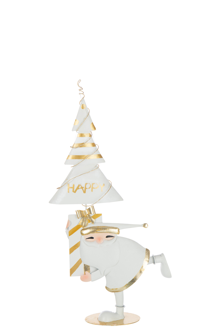 Babbo Natale Metallo Con Albero H66cm Bianco Oro
