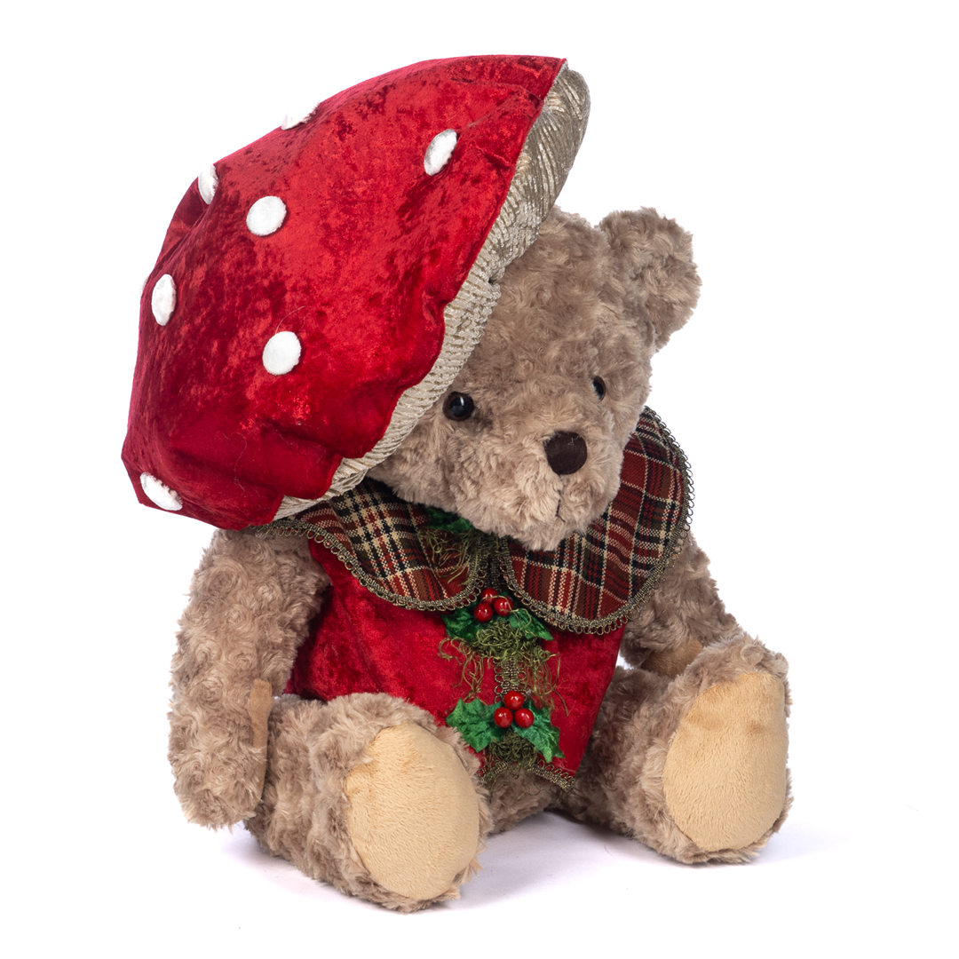 Orso Peluche Bosco Con Cappello Fungo H50cm