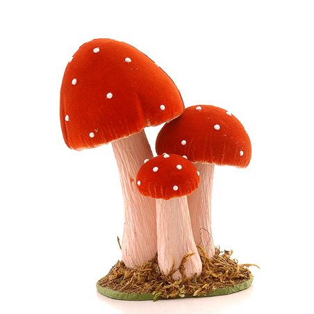 Funghi Decorativi X3 Con Erba H24cm Red White